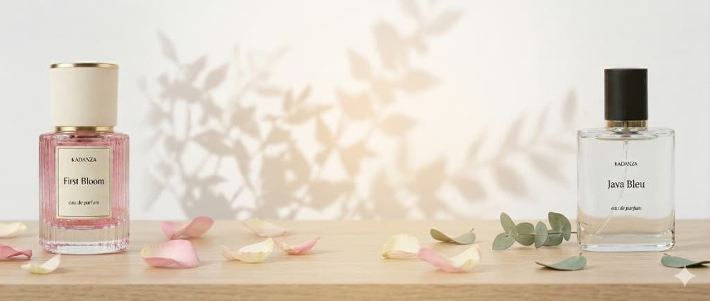 Kadanza First Bloom and Java Bleu eau de parfum on a wooden surface with soft leaf shadows
